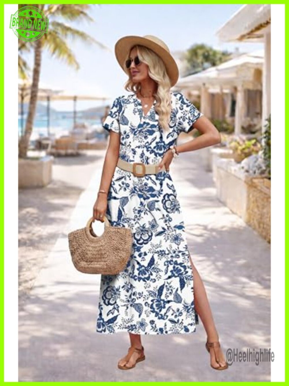 Maxi Dress with Pockets Short Sleeve V-Neck Side Slit Beach Vacation - Picture 3 of 7